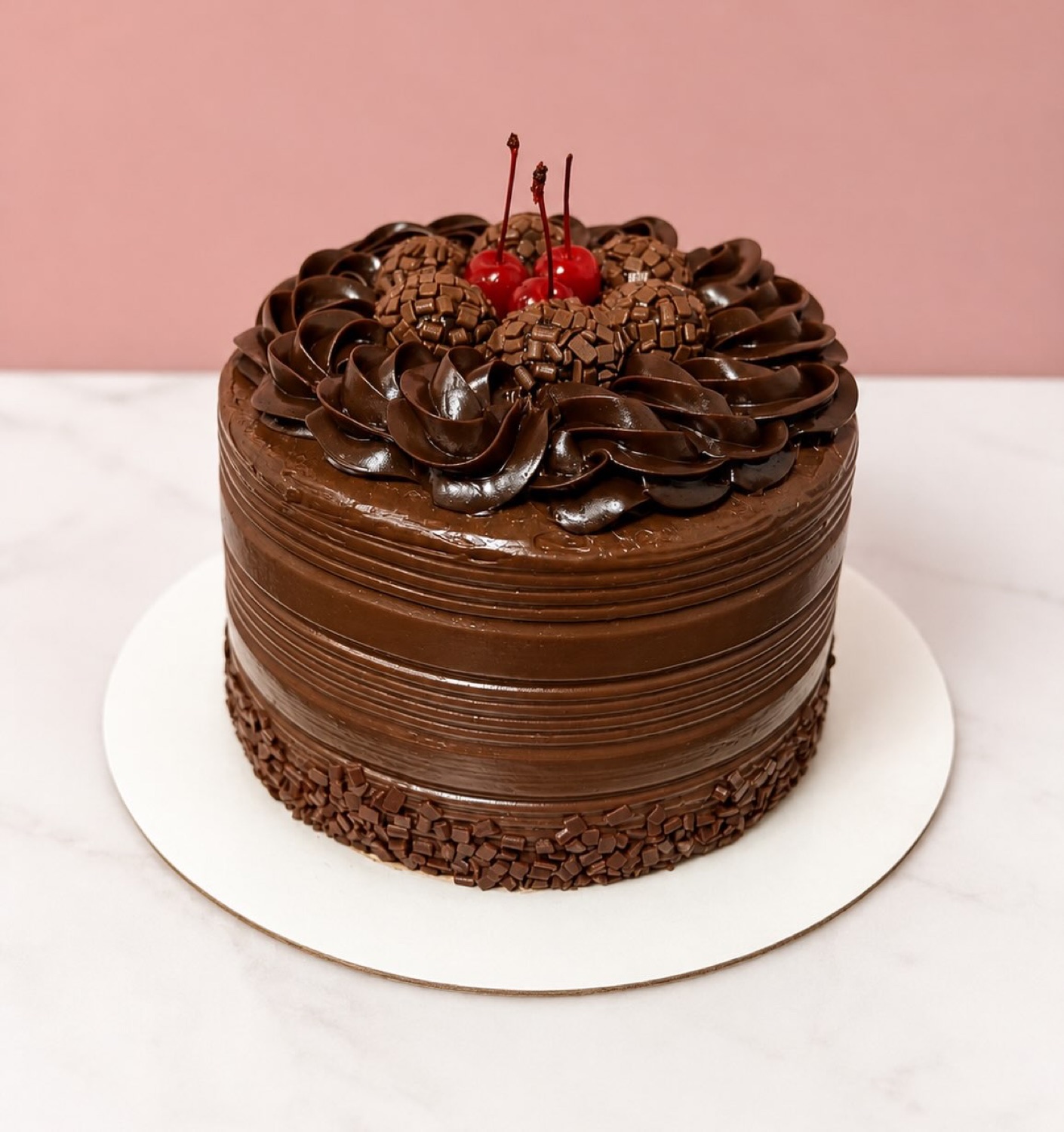 Bolo personalizado de chocolate com brigadeiros
