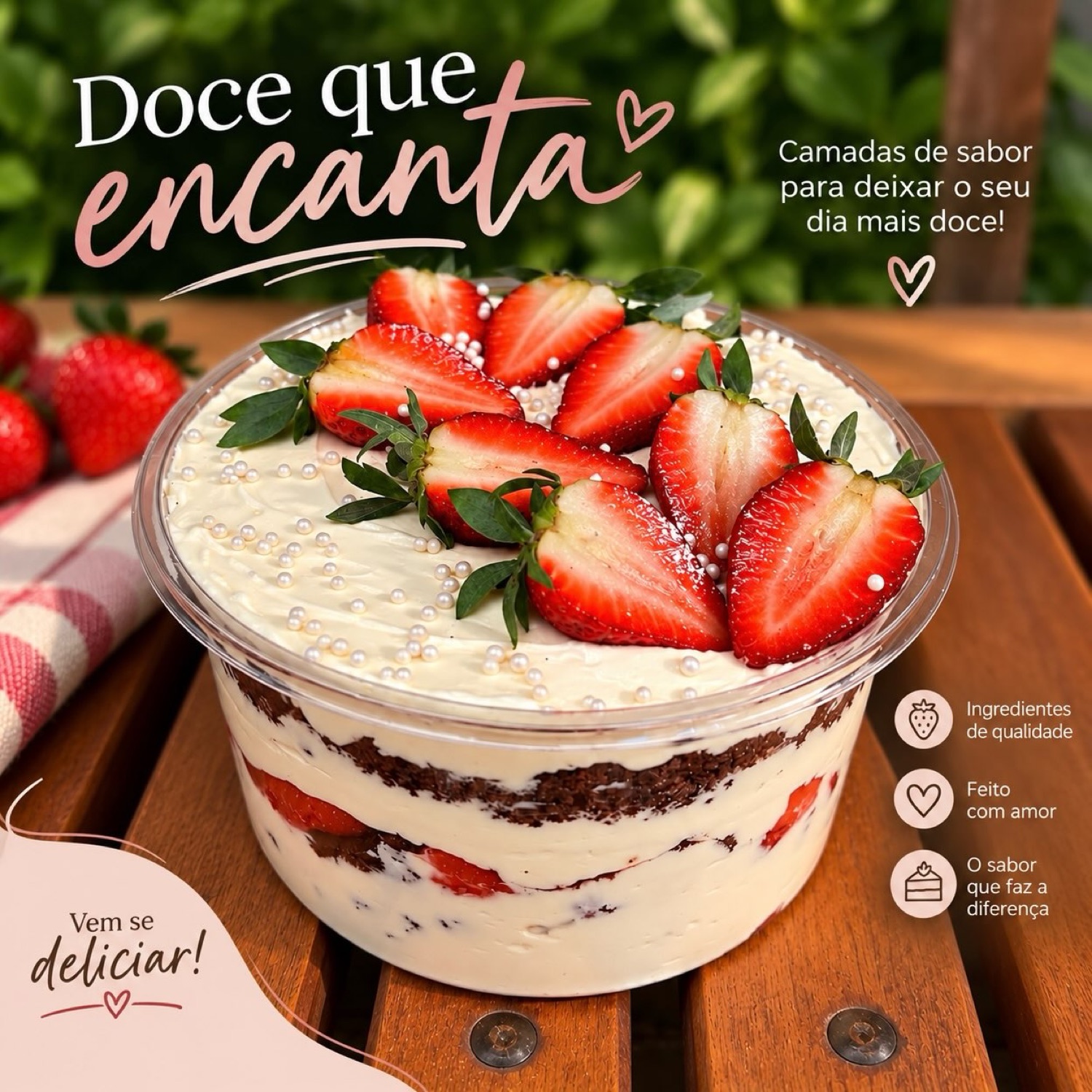Sobremesa de morango e chocolate branco da Flor de Lótus